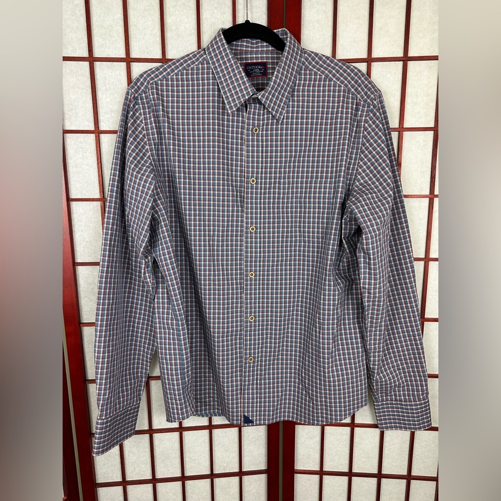Untuckit Mens Blue Red Checked Cotton Slim Fit Wrinkle Free Button Down Shirt